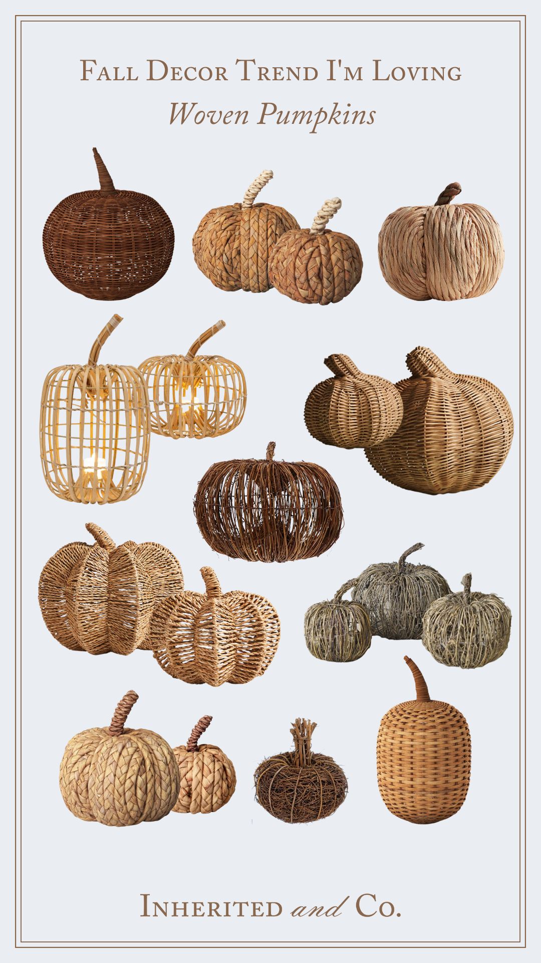 Graphic with pale blue background and woven pumpkins in the foreground