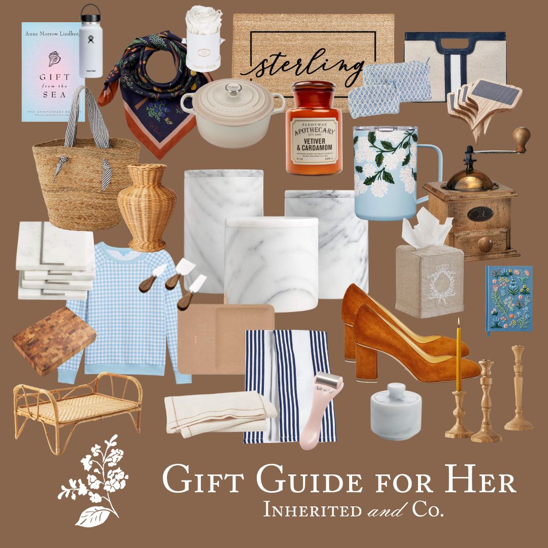 Graphic with brown background that reads "Gift Guide for Her Inherited and Co." featuring a collage of gift ideas such as marble canisters, personalized doormat, embroidered journal, and more