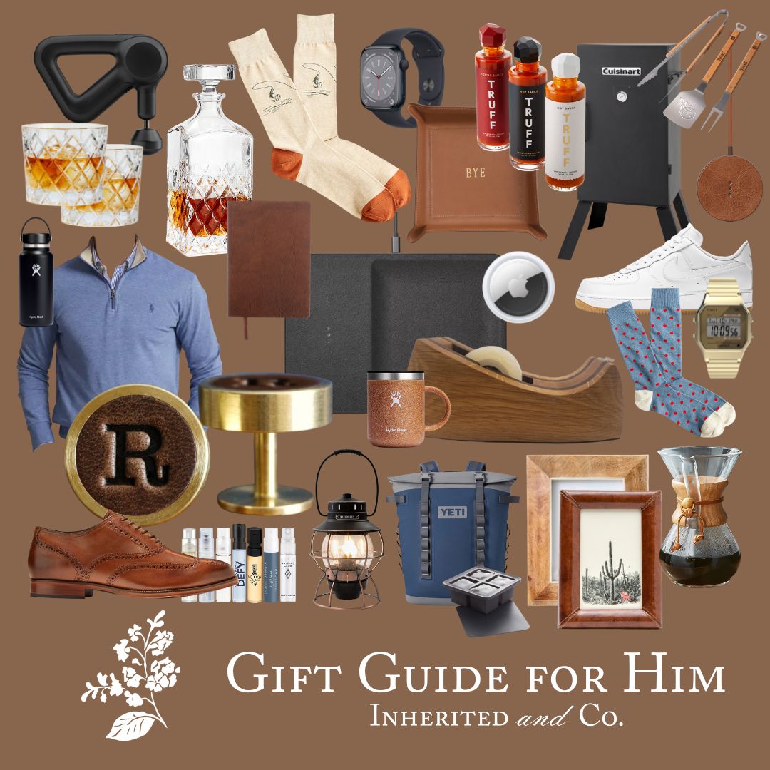Graphic with brown background that reads "Gift Guide for Him Inherited and Co." that features a collage of gift ideas from shoes to a smoker