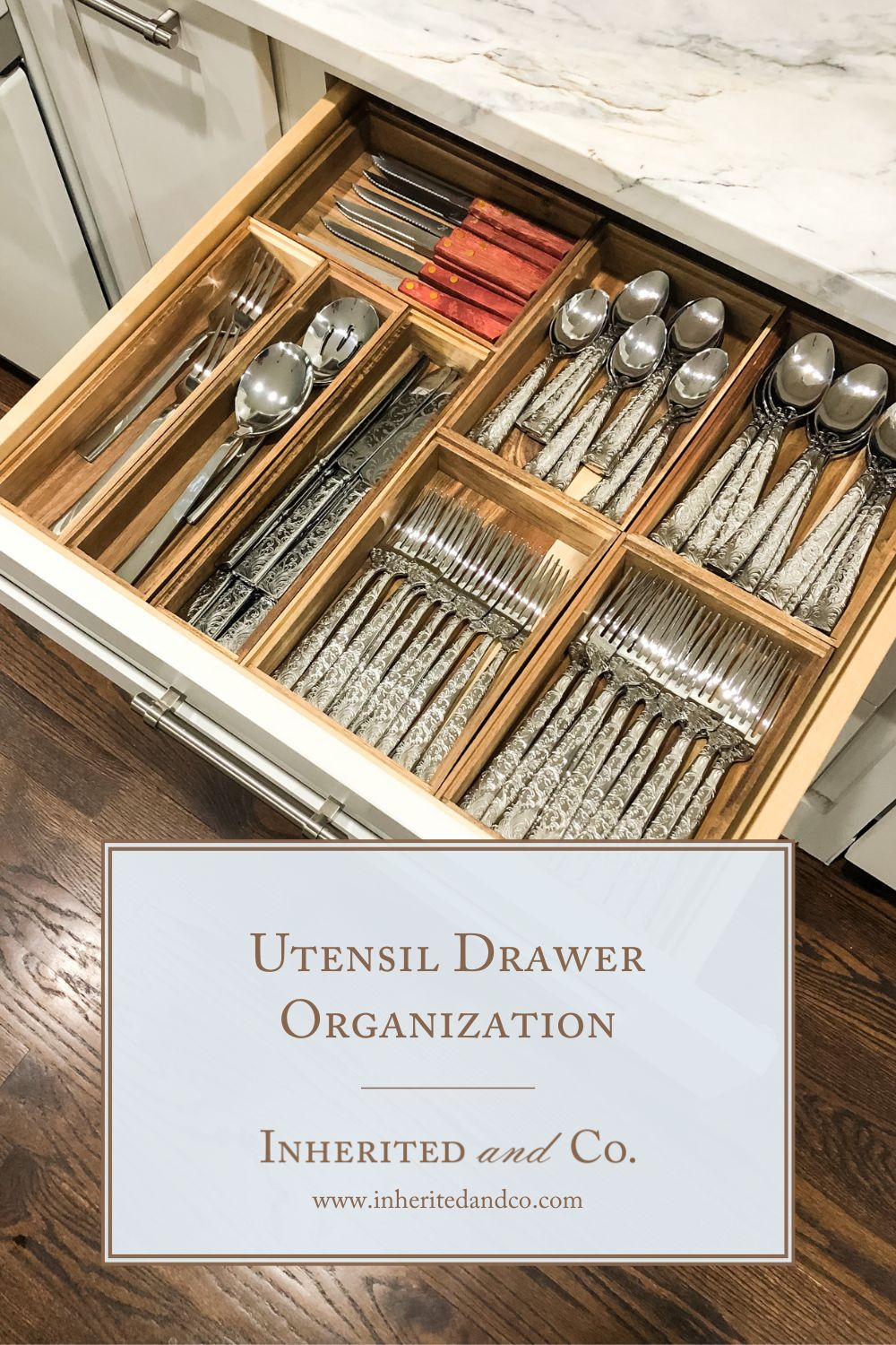 organized kitchen drawer in the background with text that says utensil drawer organization