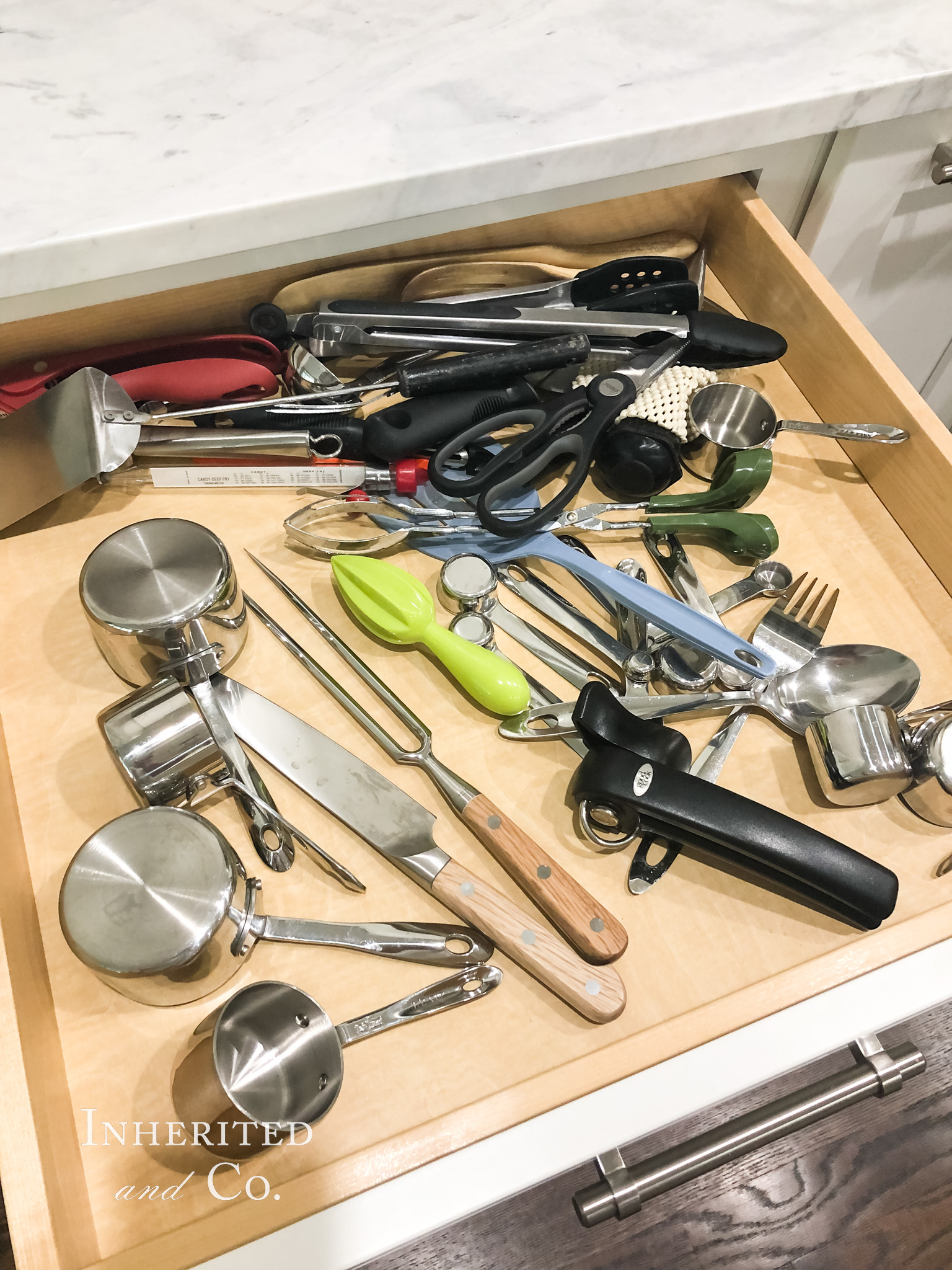 Kitchen gadgets scattered in a drawer