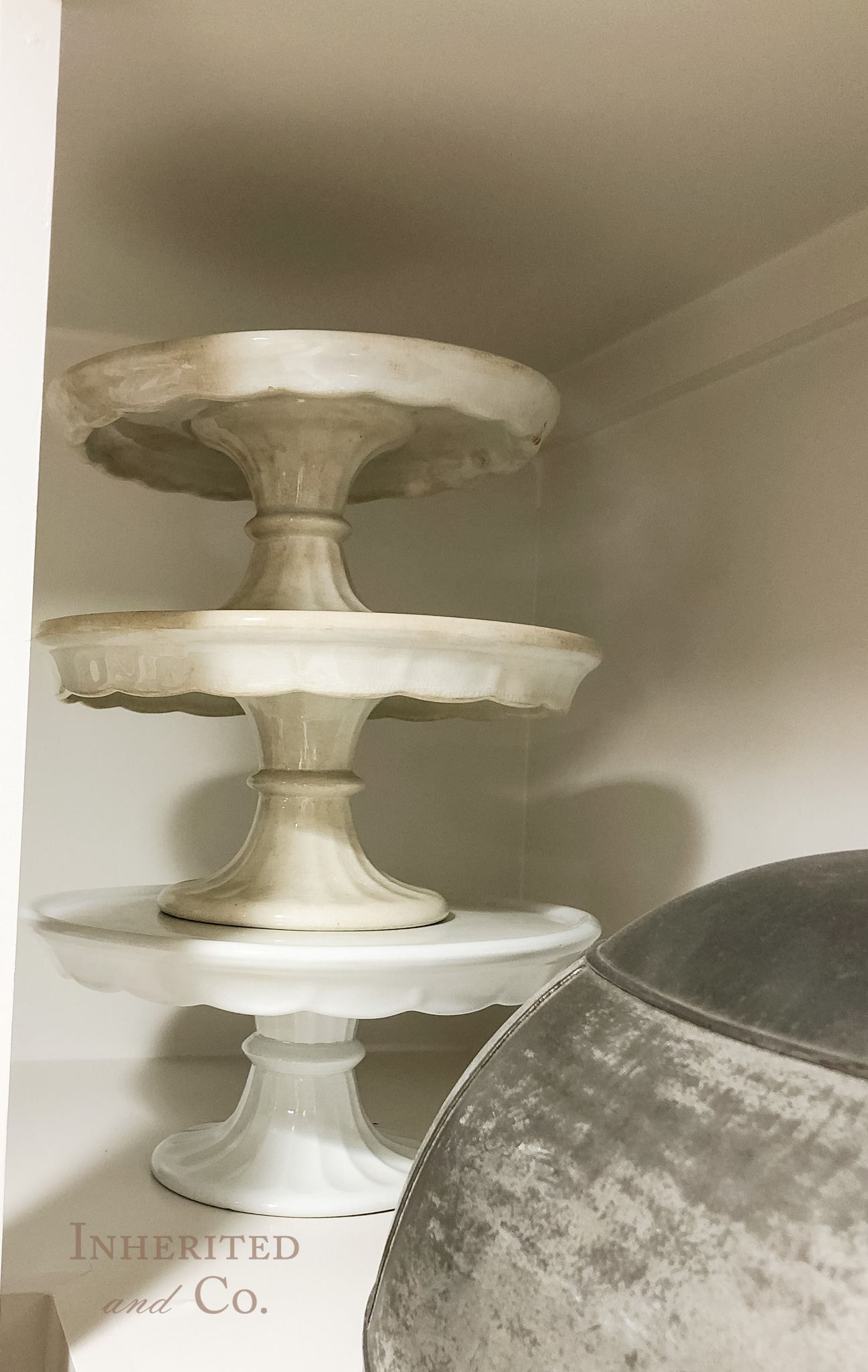 three antique ironstone cake stands stacked