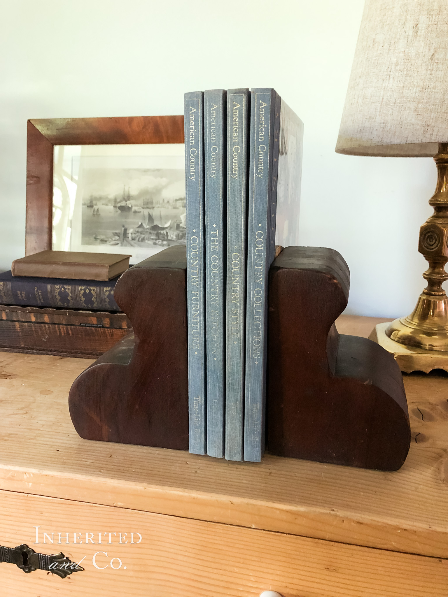 Vintage books and wooden bookends