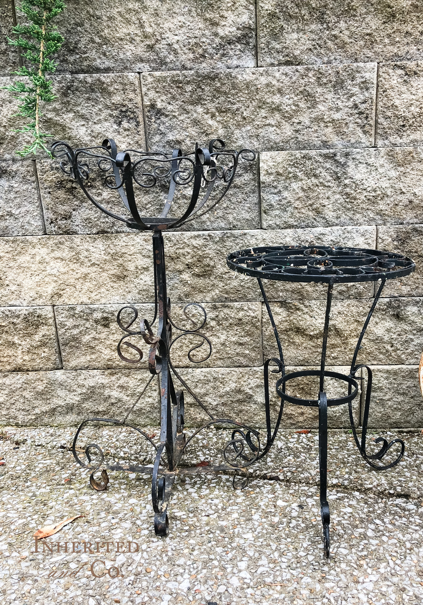 Pair of vintage, black iron, plant stands