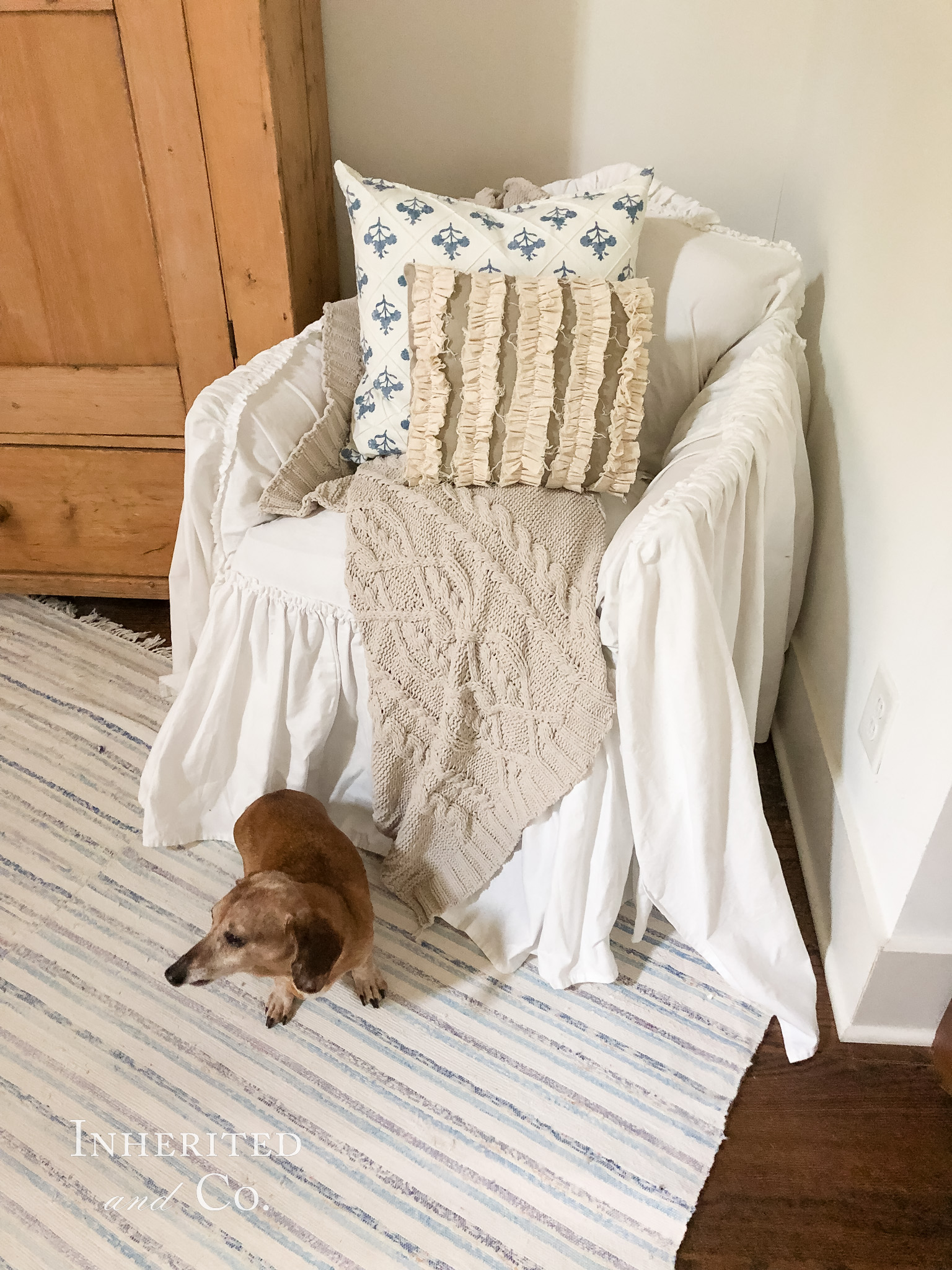 White Slipcovered Chair with dachshund in front of it