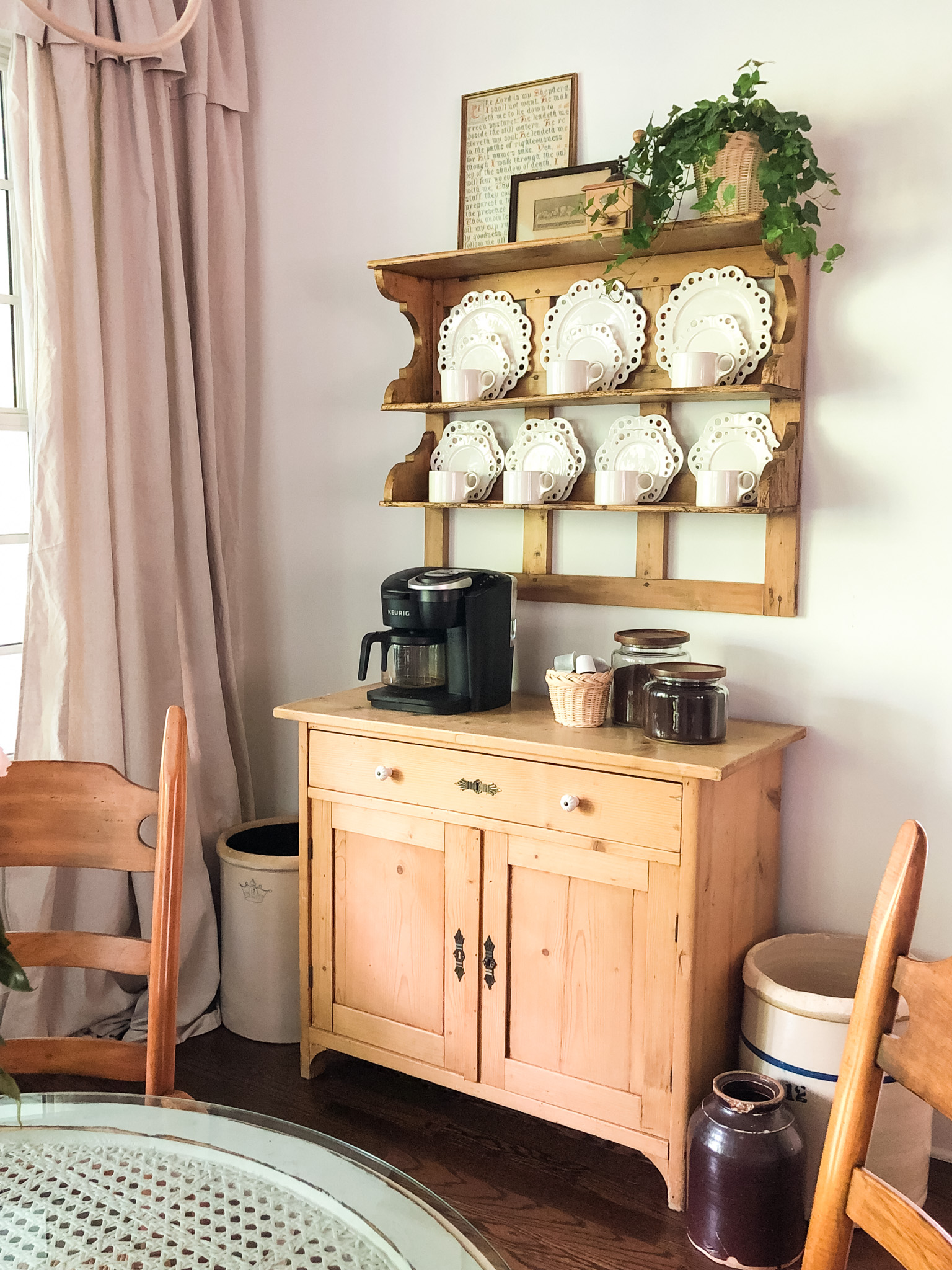 Antique English Pine Cabinet and Plate Rack turned Home Coffee Bar