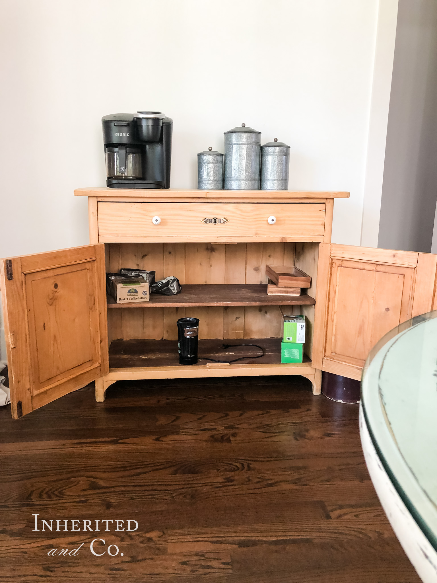 Before photo of home coffee bar using an antique cabinet