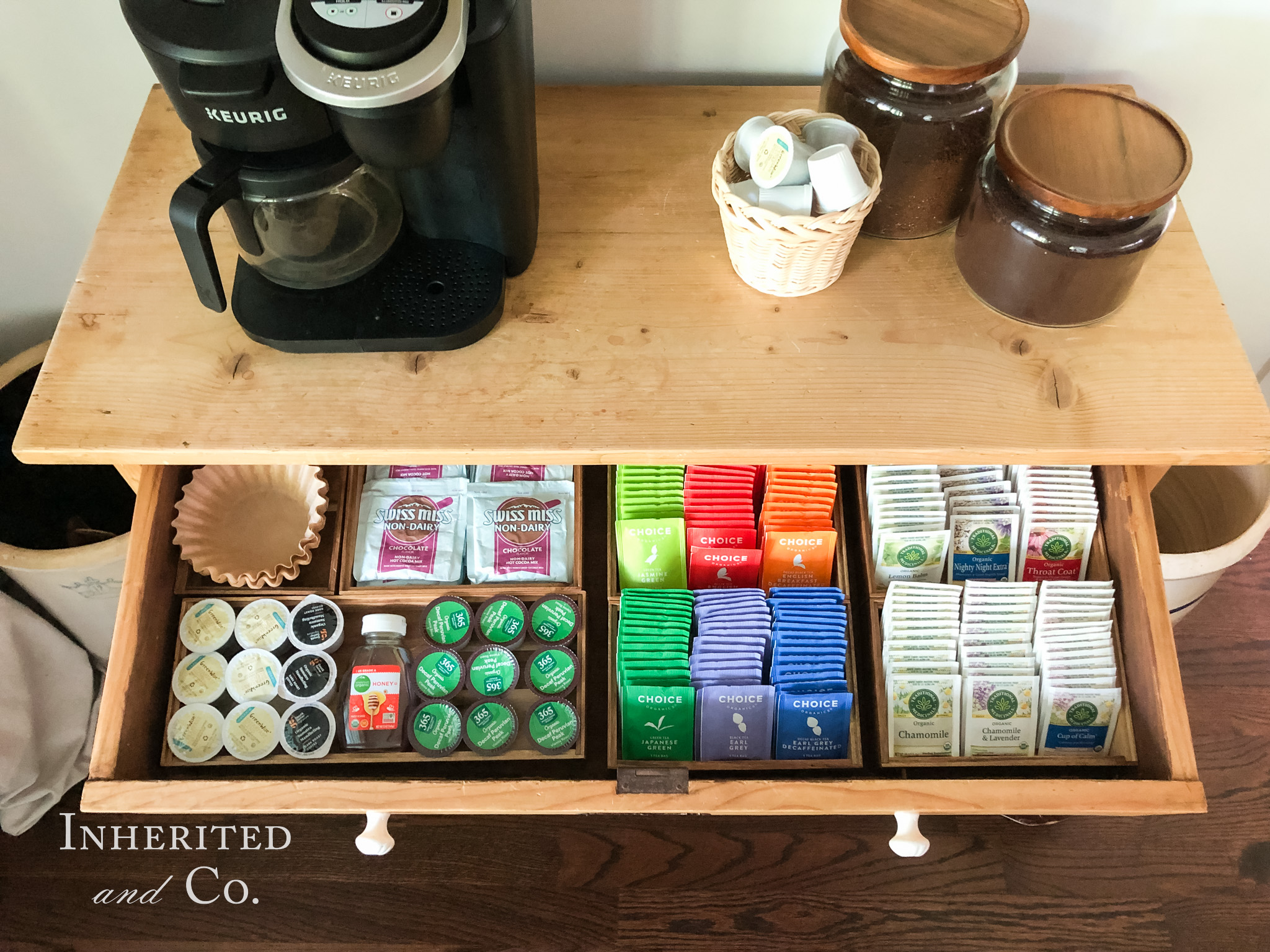 Organized coffee and tea drawer in a home coffee bar using an antique cabinet