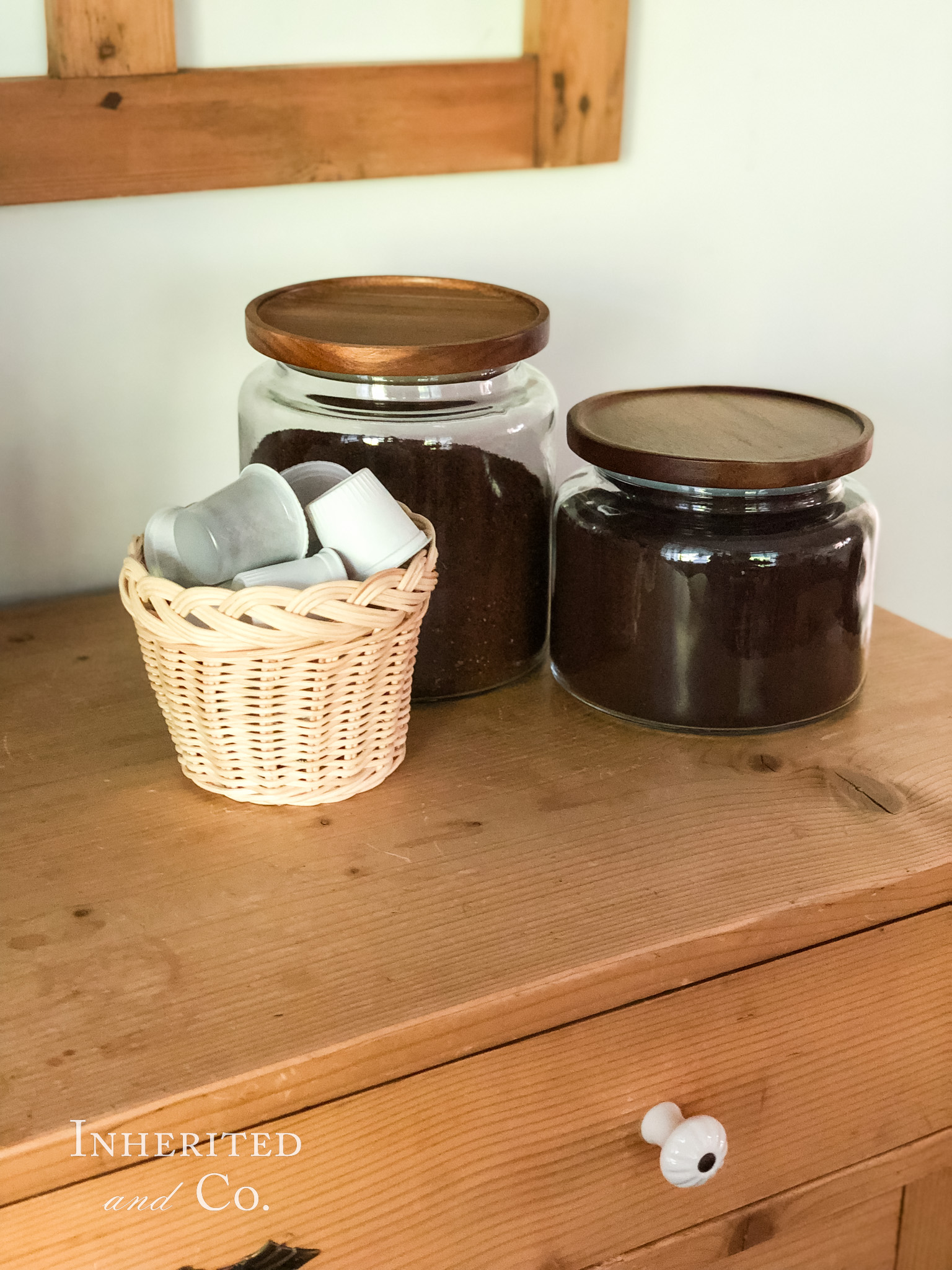 Canisters holding ground coffee in a home coffee bar