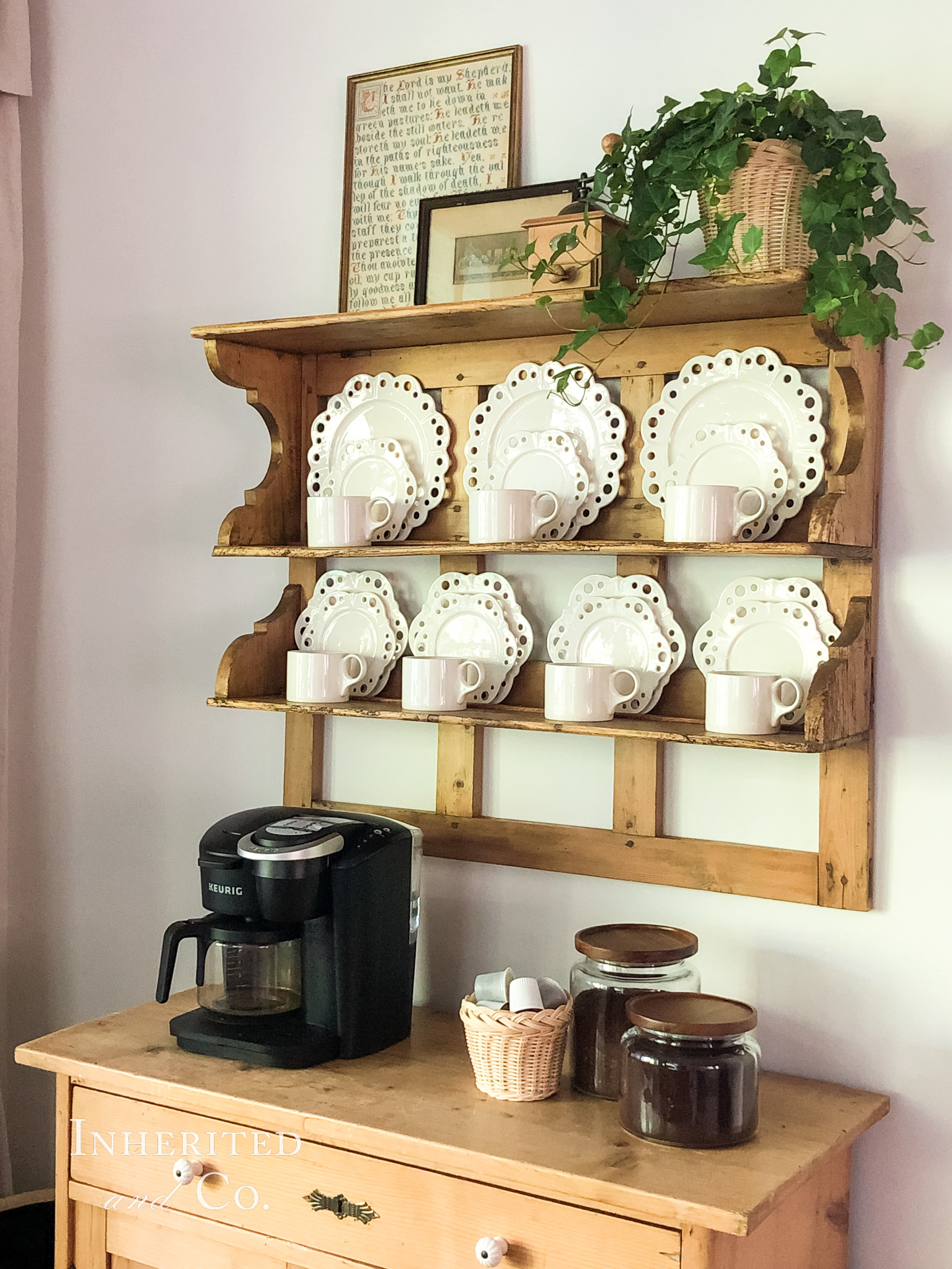 Antique English Pine Plate Rack displaying white dishes and mugs