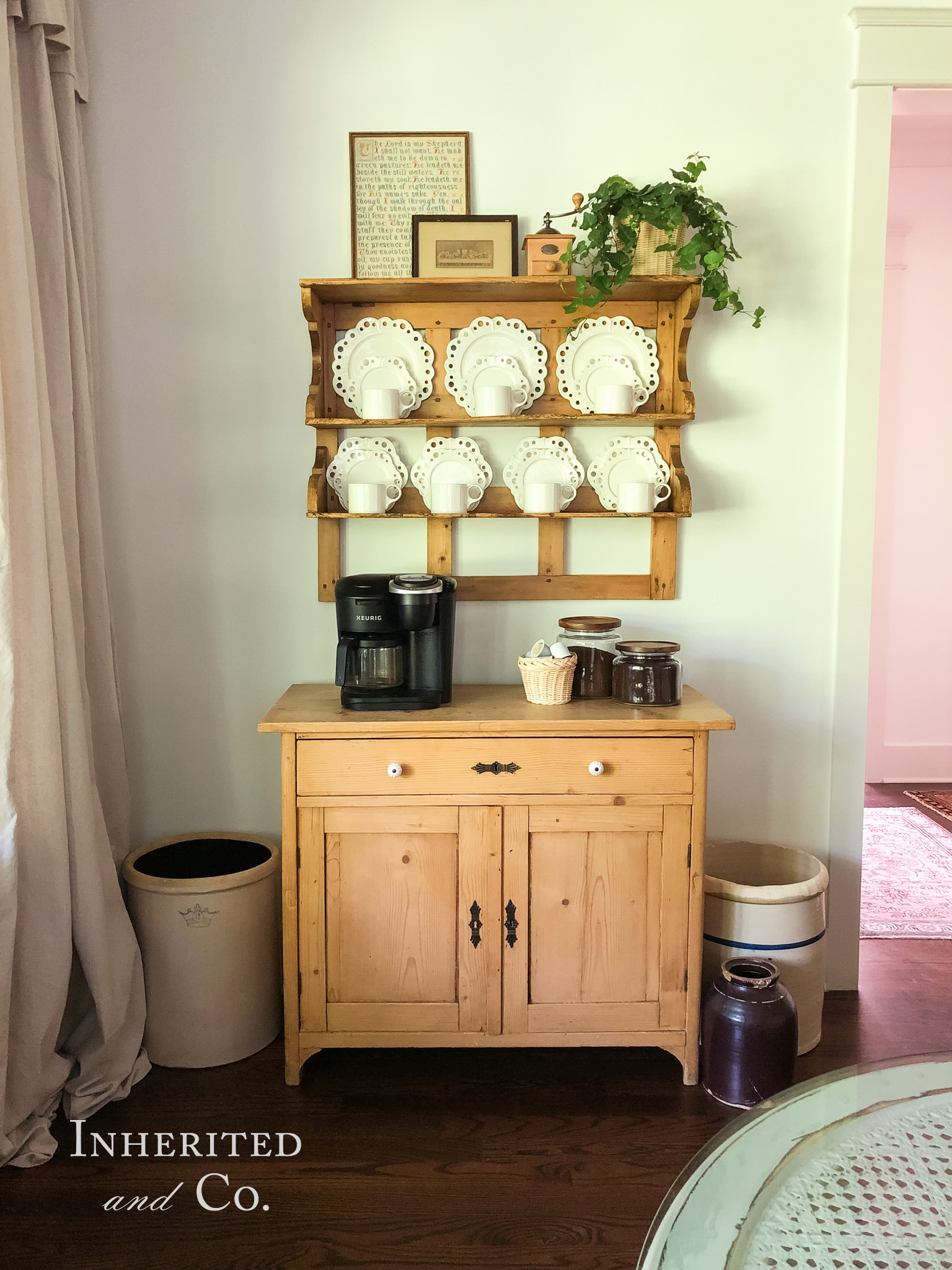 Antique English pine cabinet and plate rack turned into a home coffee bar