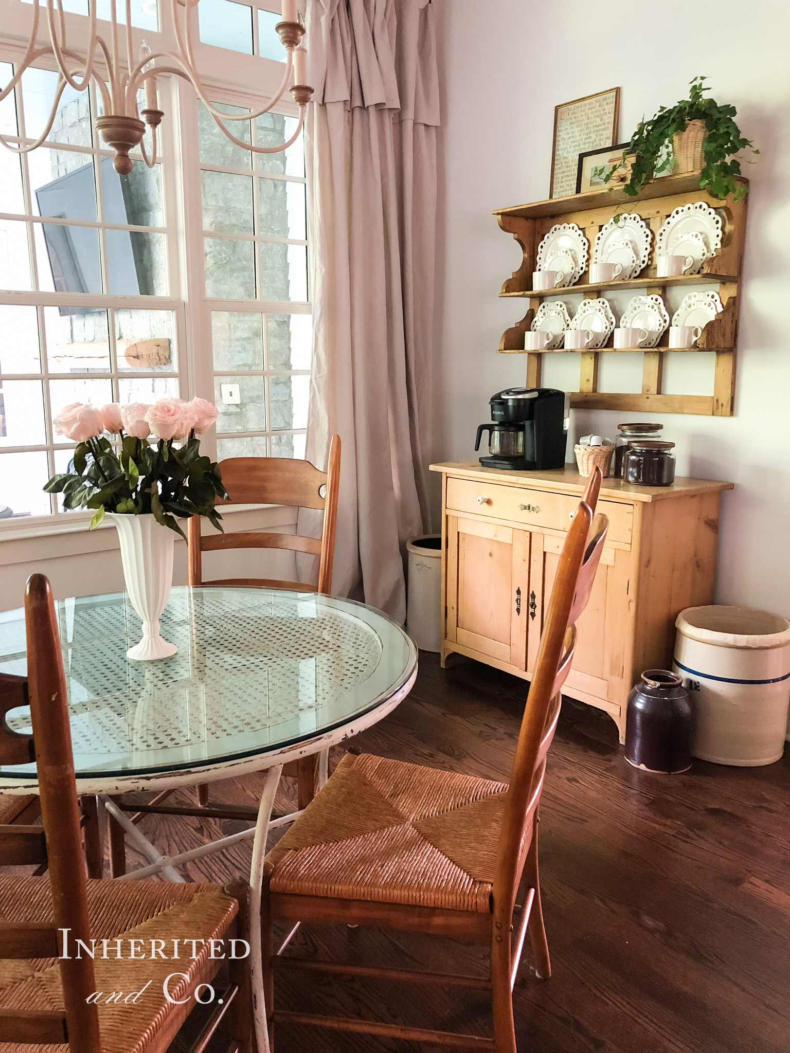 Antique-filled breakfast nook with home coffee bar