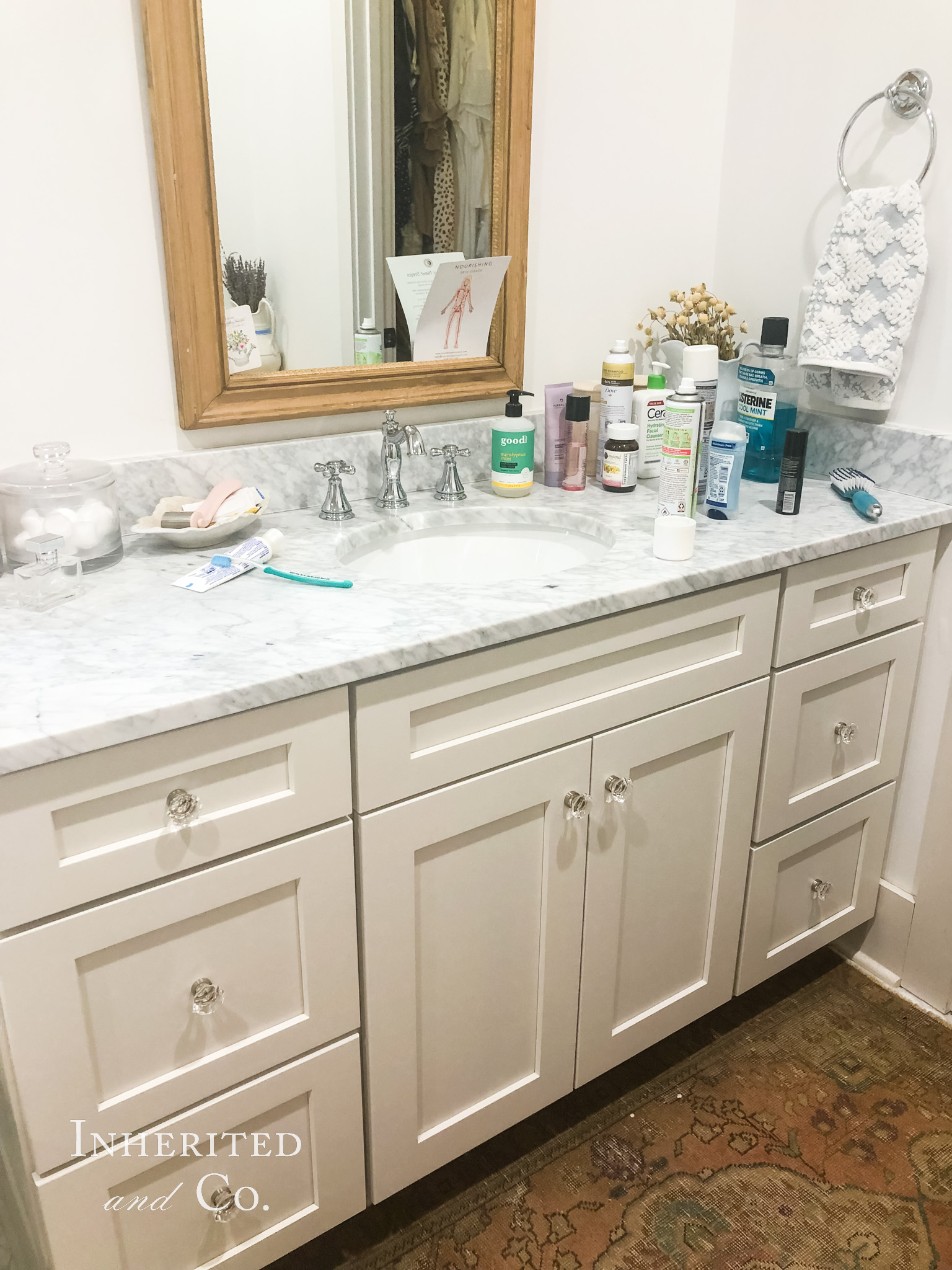 Disorganized bathroom vanity countertop