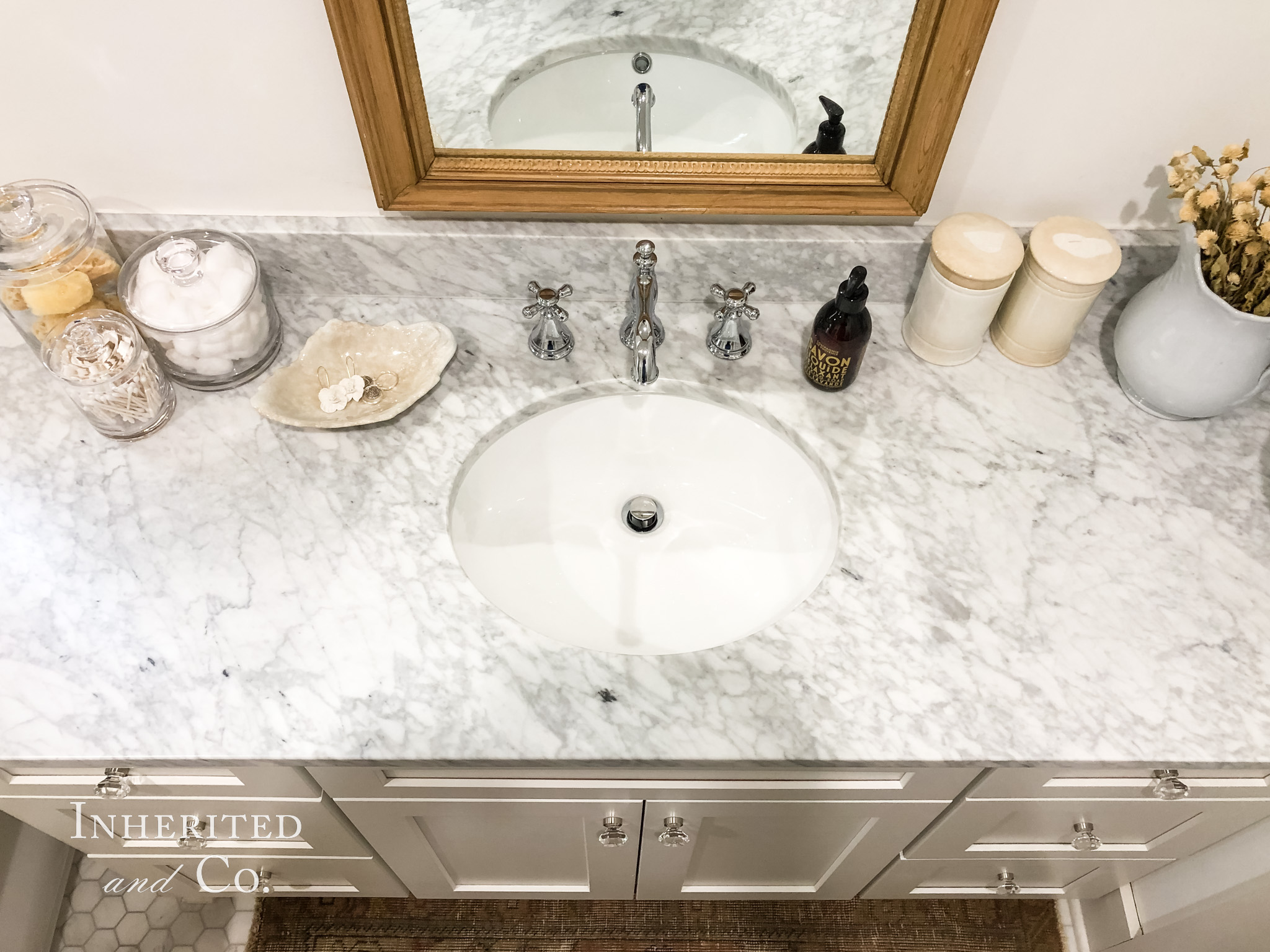 Organized Bathroom Vanity with antique finds