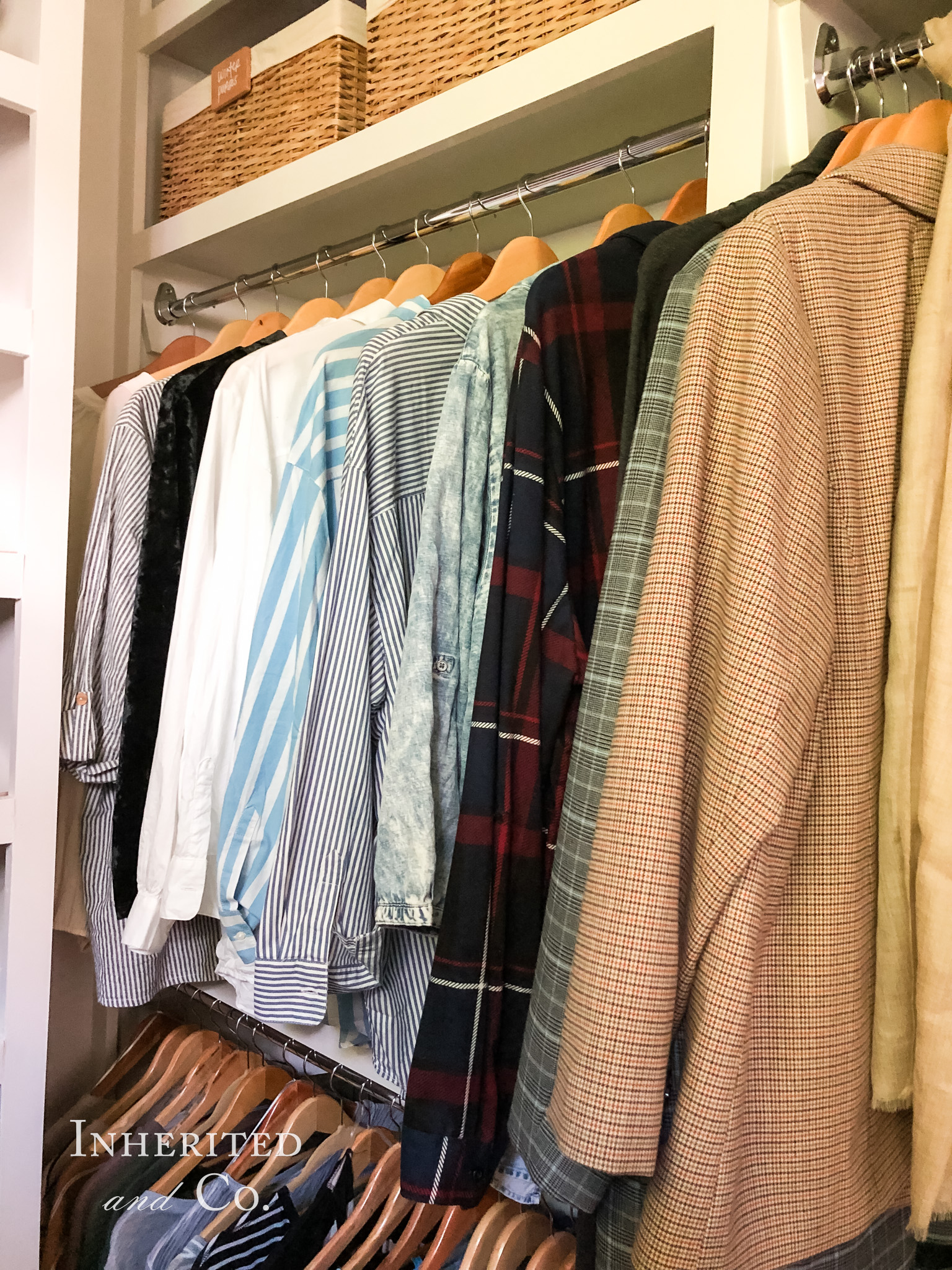 Long-sleeve, button-up shirts in a closet