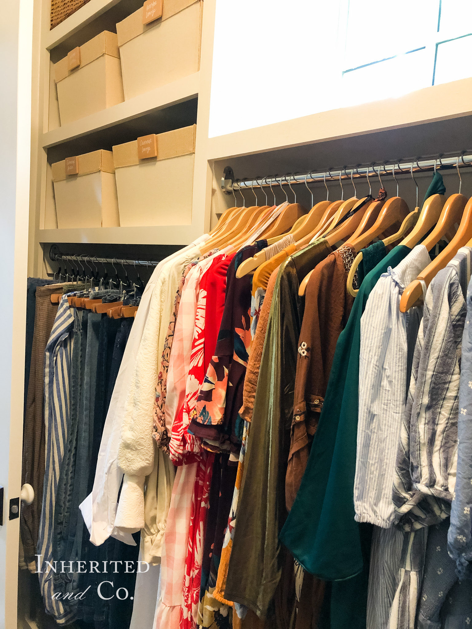 Dresses, pants, and bins in an organized closet