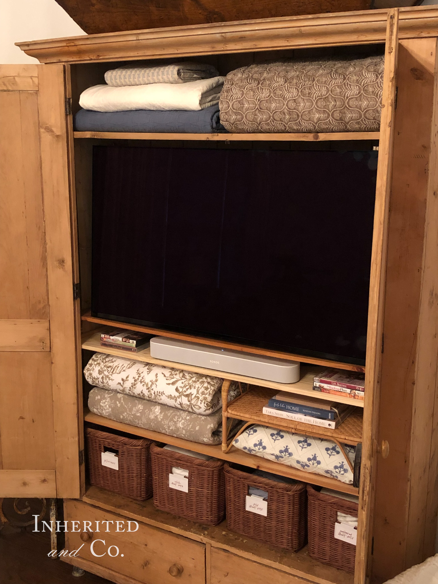 An organized antique pine cabinet