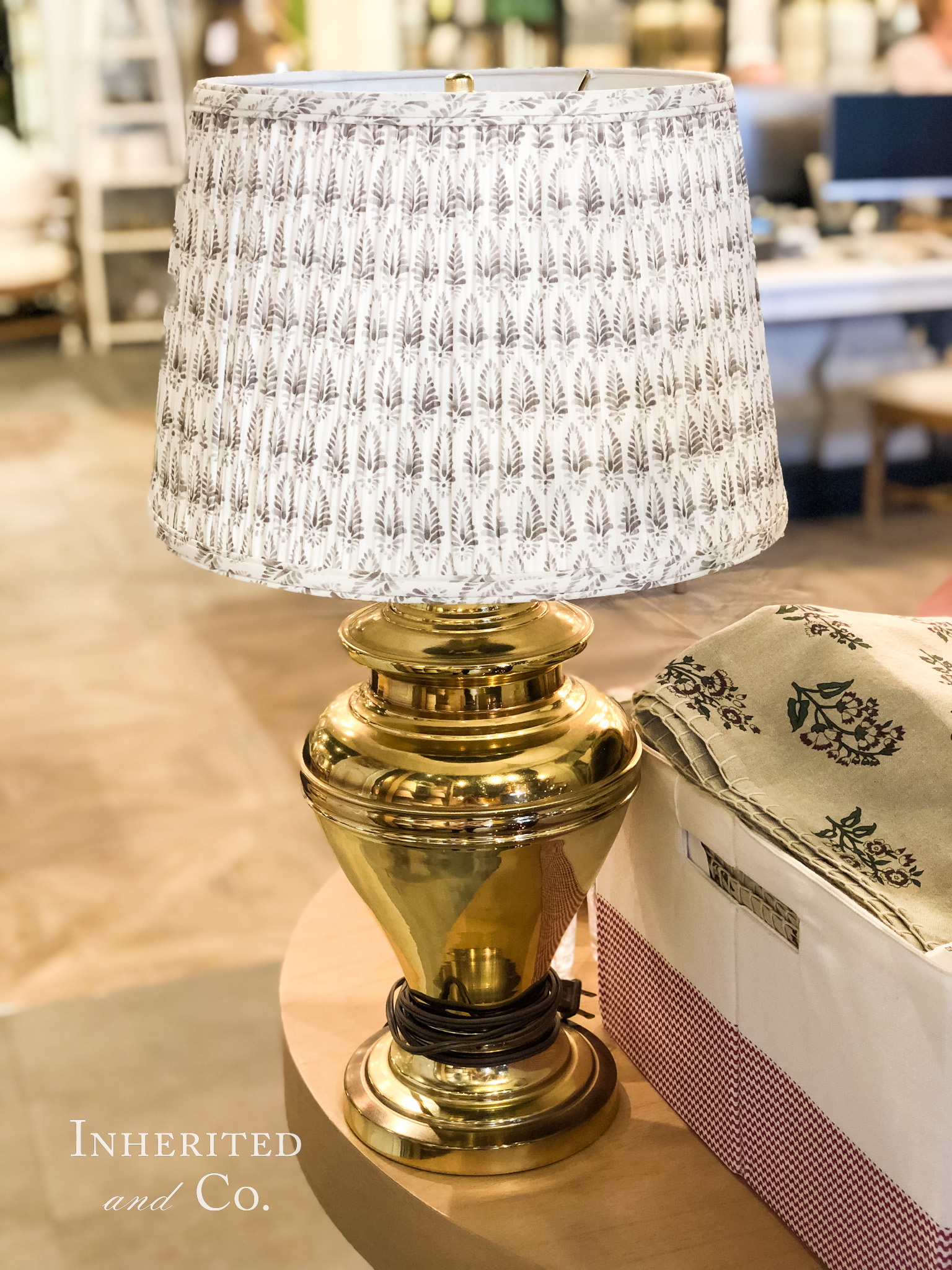 Vintage Brass Lamp with the Ballard Designs Isla Print Pleated Lamp Shade
