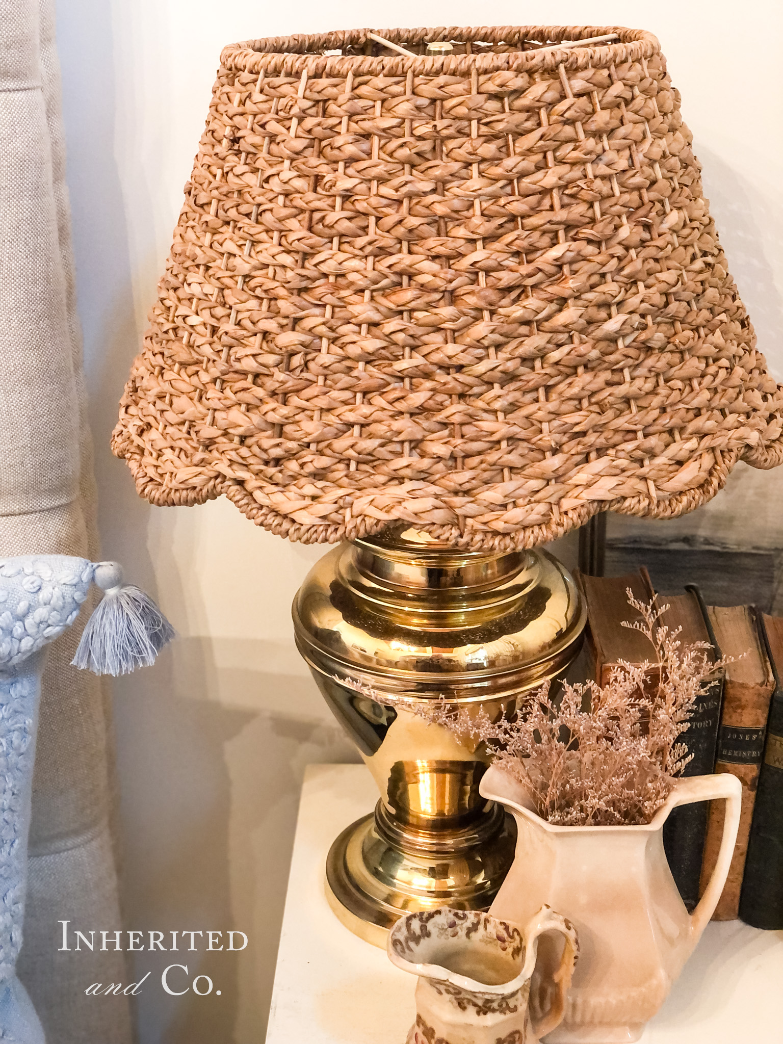 Ballard Designs woven lamp shade on a vintage brass lamp