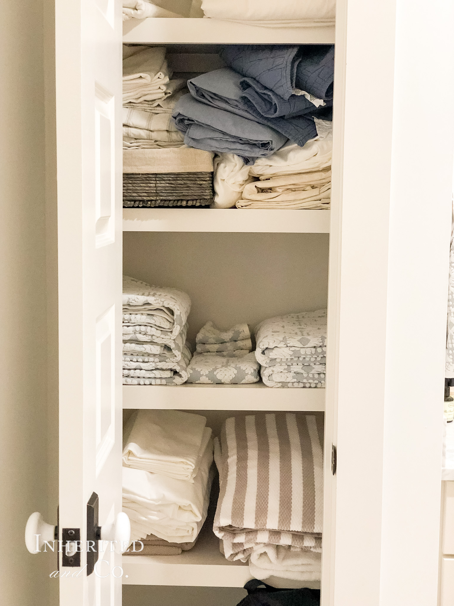Disorganized shelves in linen closet