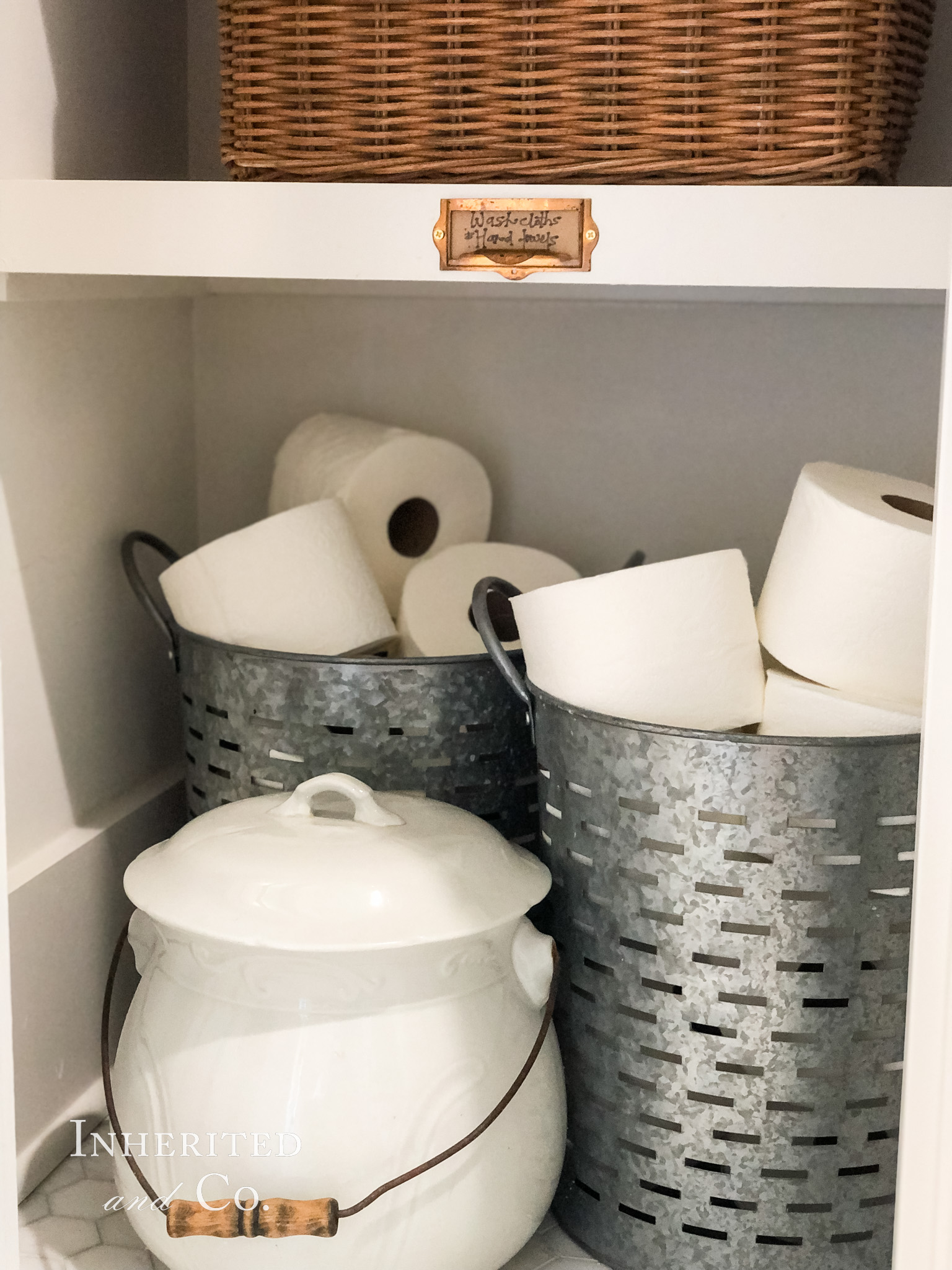 Antique Ironstone Slop Jar and Reproduction Olive Buckets used in a Linen Closet