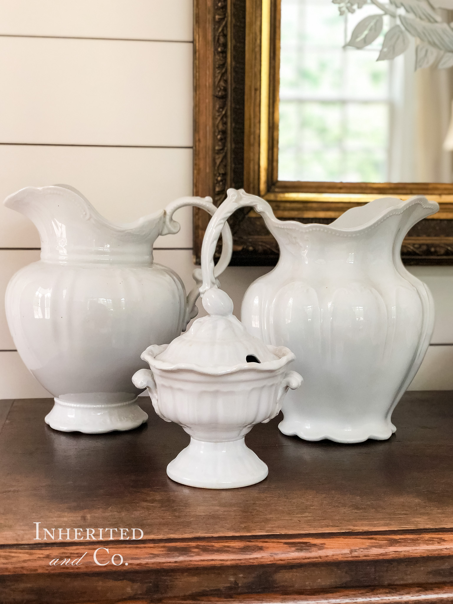 ironstone sauce tureen and two ironstone pitchers