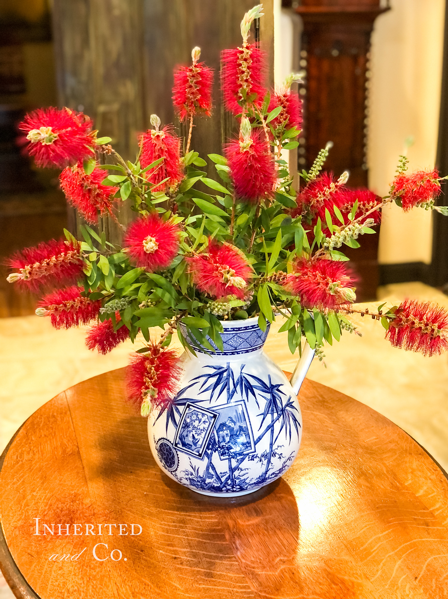 Welcome Flowers in Blue Transferware Pitcher at Historic Benbow Inn