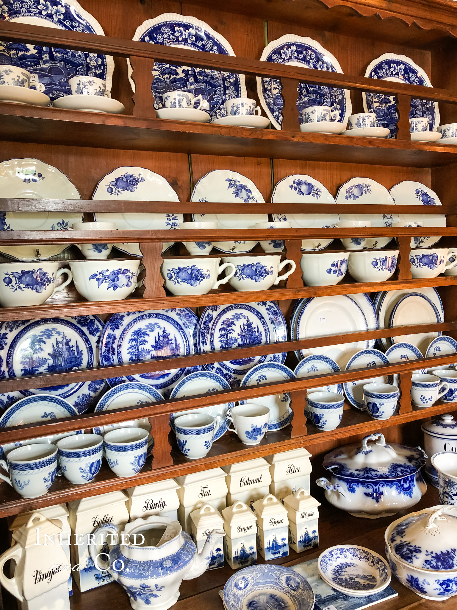 Blue Transferware on an antique hutch