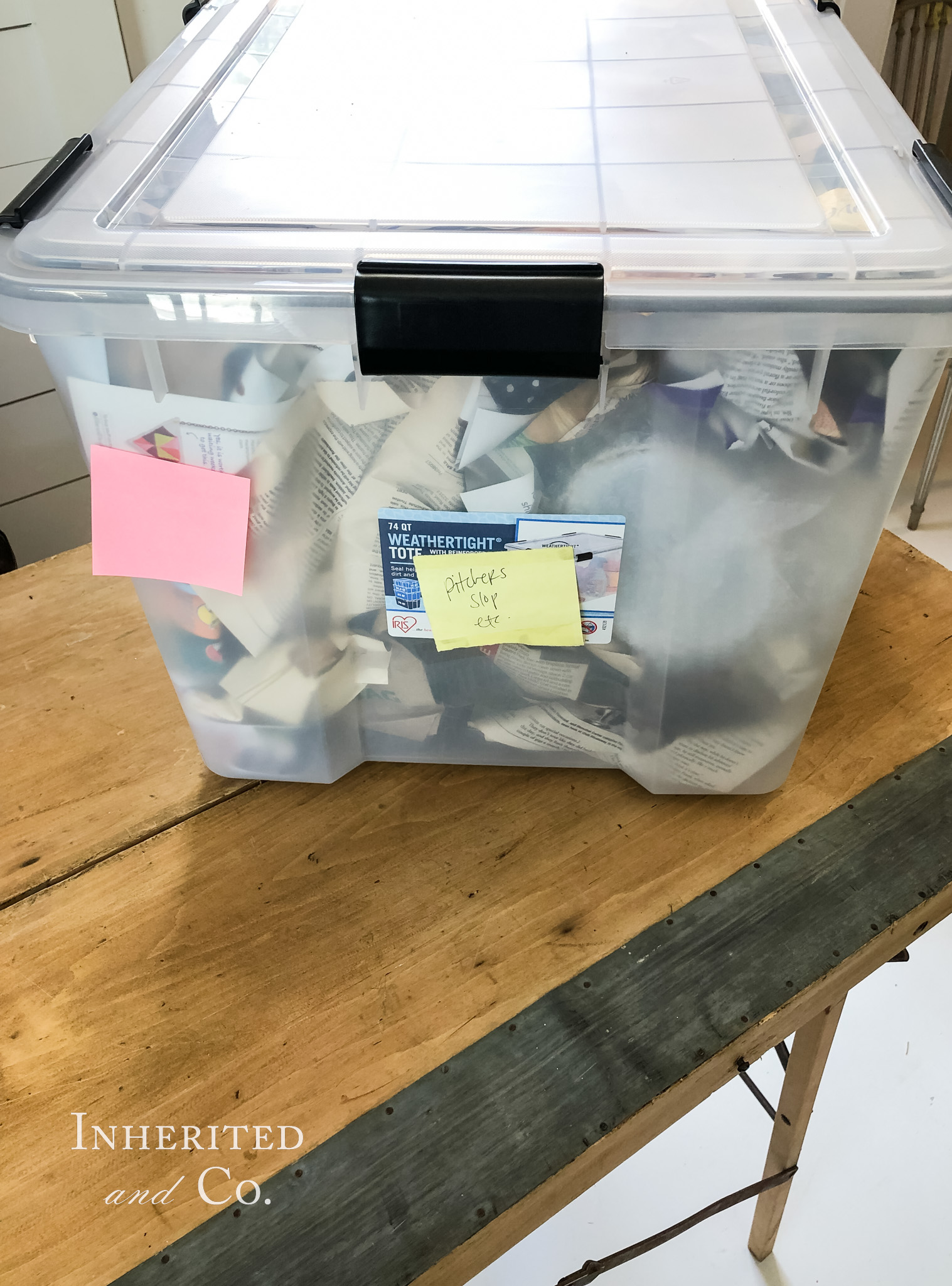 Plastic Bin filled with antique ironstone