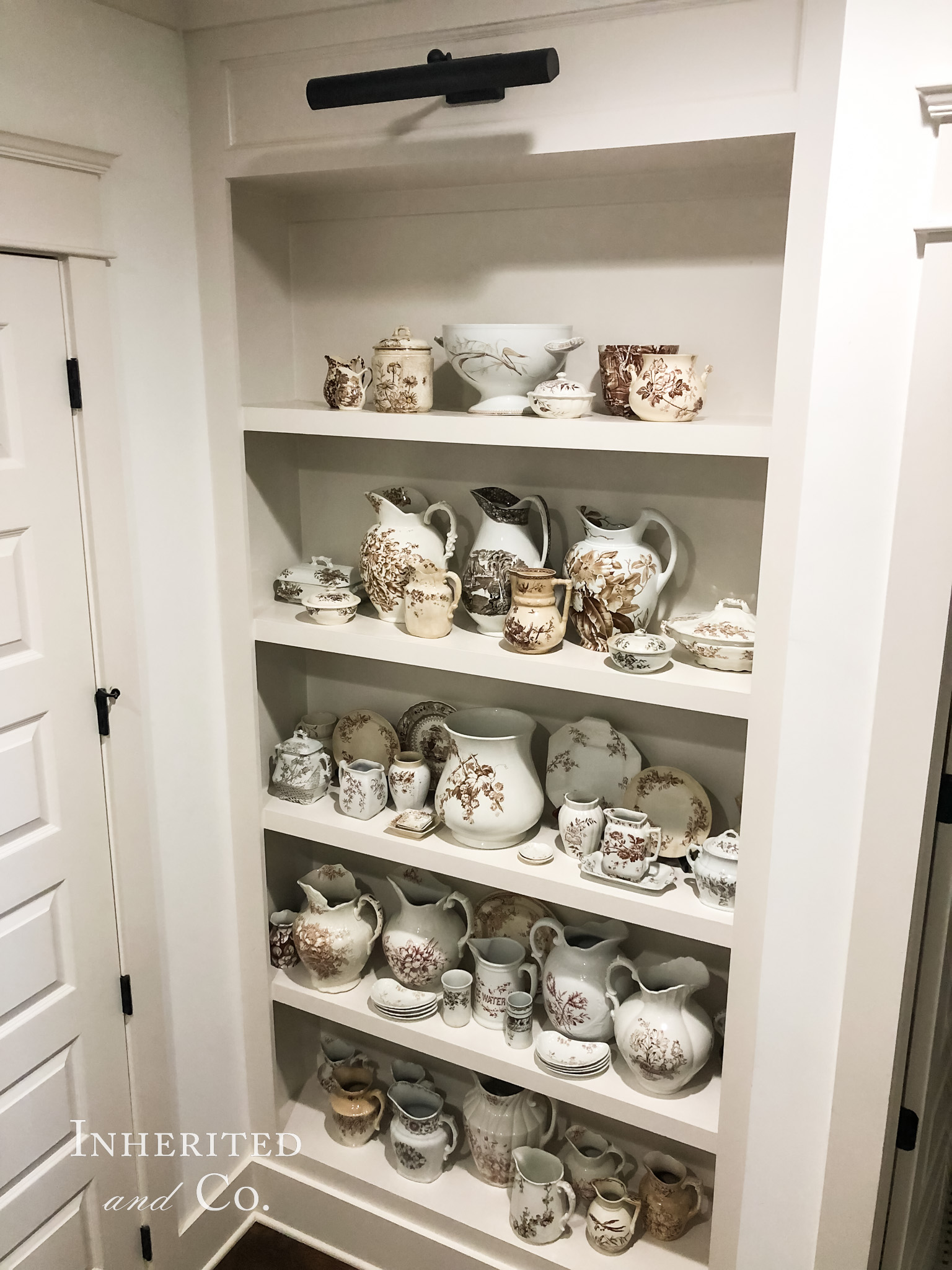 Brown Transferware Collection styled on a bookshelf