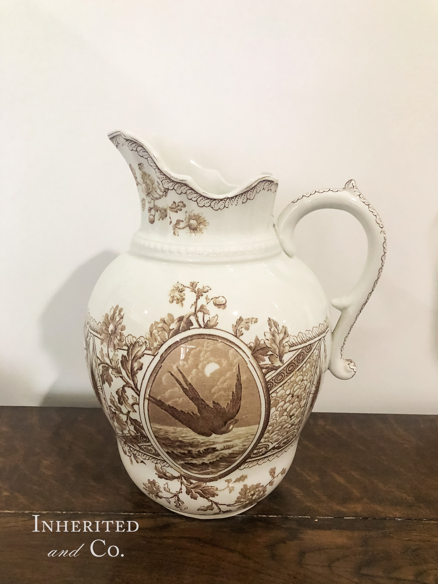 Antique Brown Transferware Pitcher