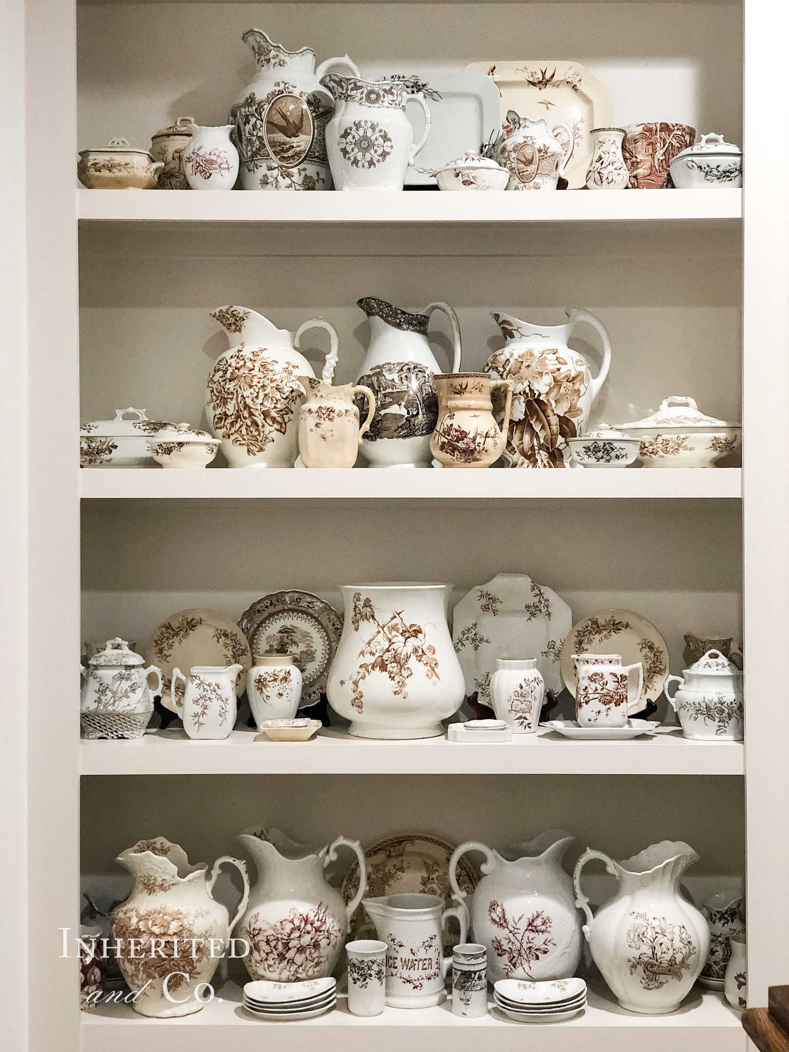 Brown Transferware Antique Collection Manageable through a shelf