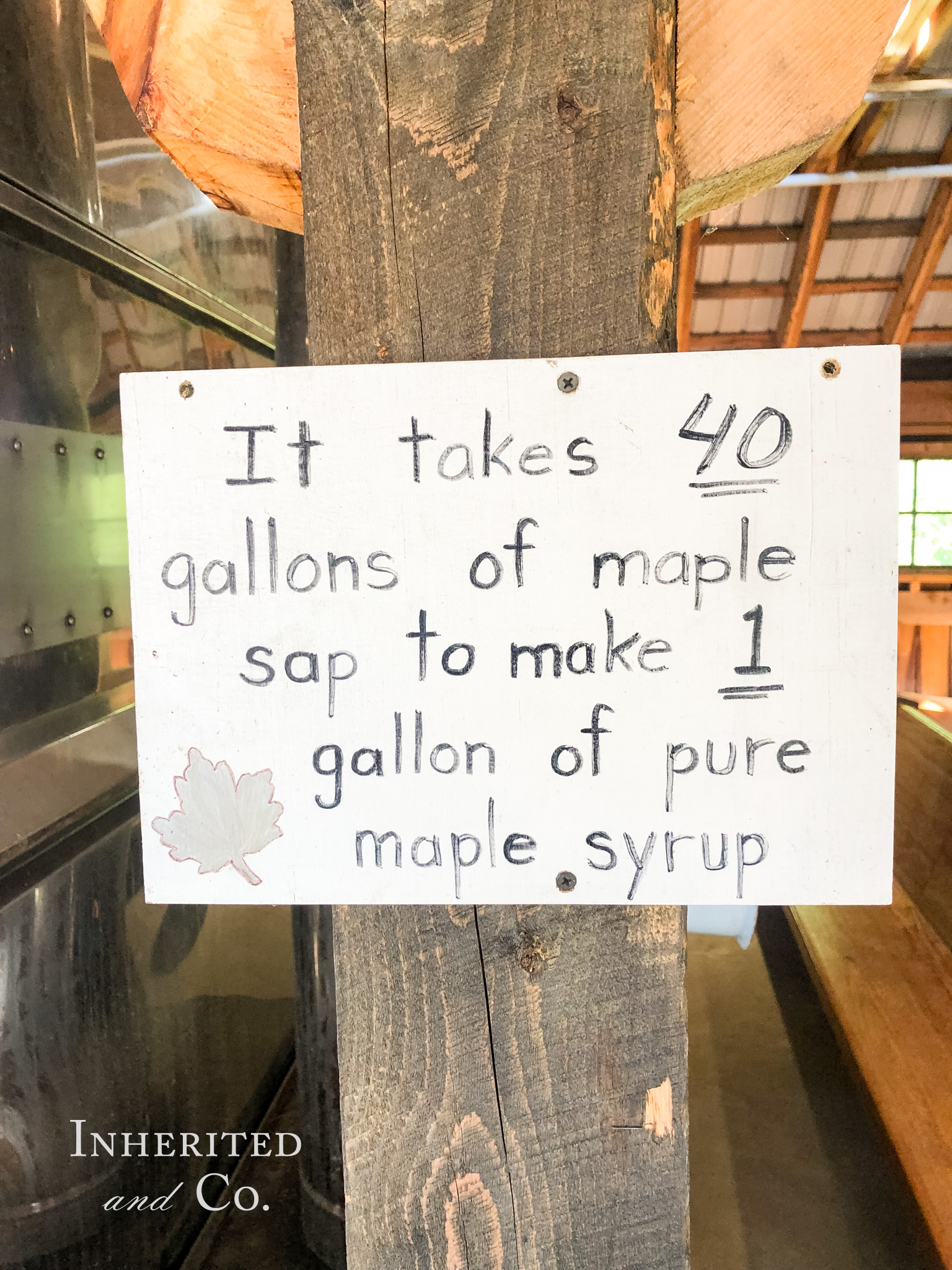 "It takes 40 gallons of maple sap to make 1 gallon of pure maple syrup" sign at Morse Farm Maple Sugarworks