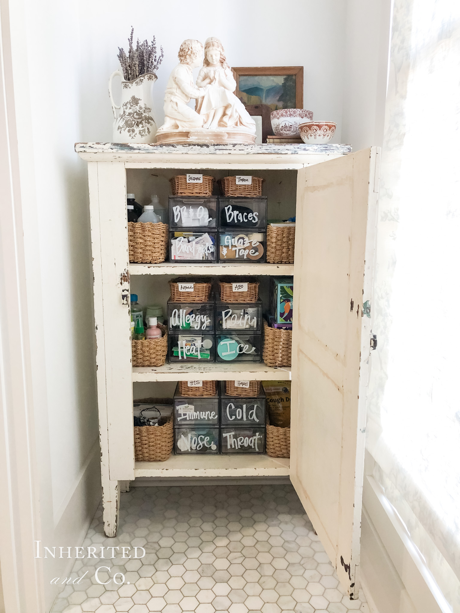 Antique Jelly Cupboard Solution for No Medicine Cabinet in Bathroom